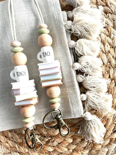 Teach Coffee Cup Mug Boho Colors Stacked Books Beaded Stretchy Lanyard