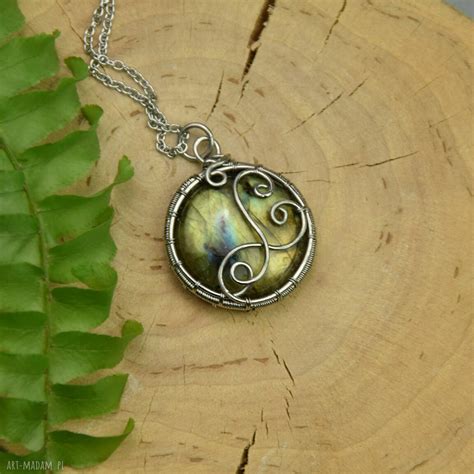 wisiorek ze złotym labradorytem wire wrapping stal chirurgiczna ღ art