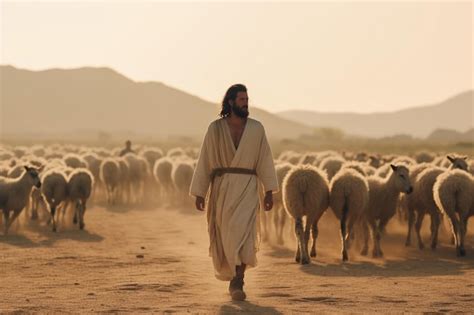 Jesus Como Pastor Liderando Um Rebanho De Ovelhas Ilustra O Generativa