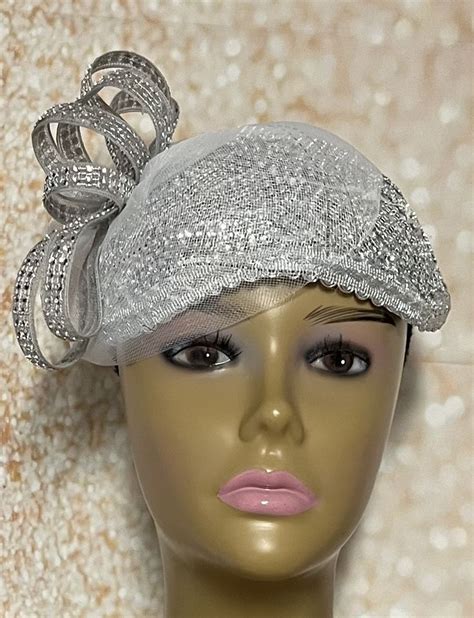 Silver Sequin Rhinestone Crystal Bling Fascinator Hat For Church Head