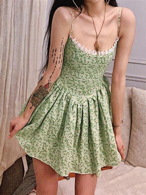 Emmiol Free Shipping 2023 Tie Back Floral Green Mini Dress Green S In