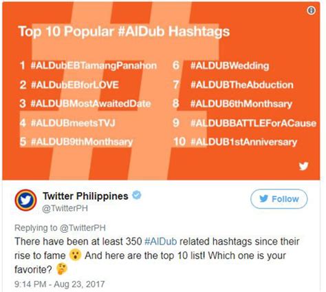 AlDub OTWOL Kathniel Among Top 10 Twitter Hashtags In 10 Years PEP Ph