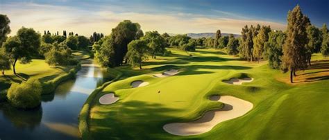 Premium Photo A Golf Course With Water And Trees In The Background