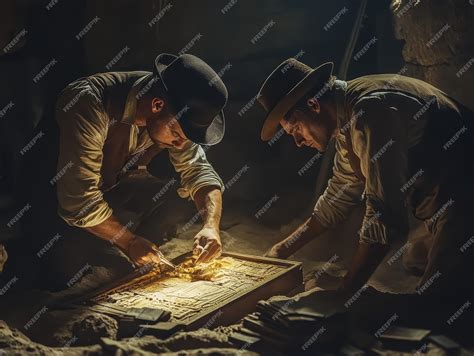 Victorian explorers uncovering ancient artifacts in a dusty hidden tomb