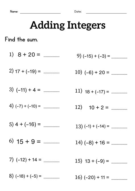 Adding Integers Worksheet Grade 6 Or 7 Addition Of Integers Worksheet