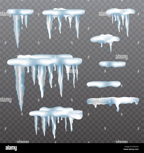 Realistic Icicles With Snow Set On Transparent Background Vector