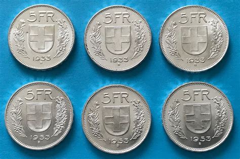 6 schöne Schweizer Silber 5 Franken Münzen von 1933 und 1953 Kaufen