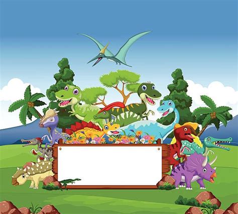 vector illustration of Dinosaur cartoon with landscape background and ...