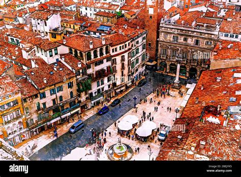 Aerial View Of Piazza Delle Erbe From Torre Dei Lamberti Verona Italy