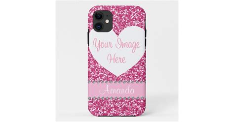 Pink Glitter Rhinestone Heart Photo Iphone Case Zazzle