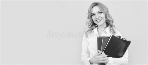 Happy Blonde Businesswoman Woman In White Shirt Hold Notepad Or