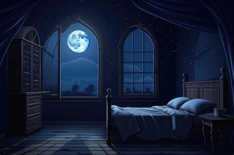 Premium AI Image Bedroom Interior At Night With Moonlight And Window