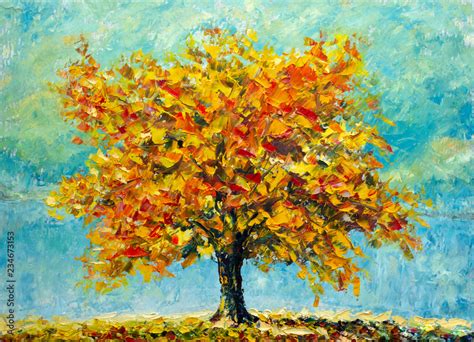 A Big Autumn Tree Against A Blue Sky Background Impressionism Nature