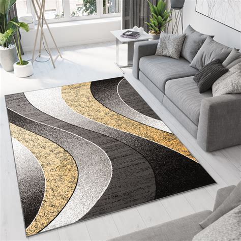 tapiso dream tapis salon chambre jaune gris noir ondes vagues leger