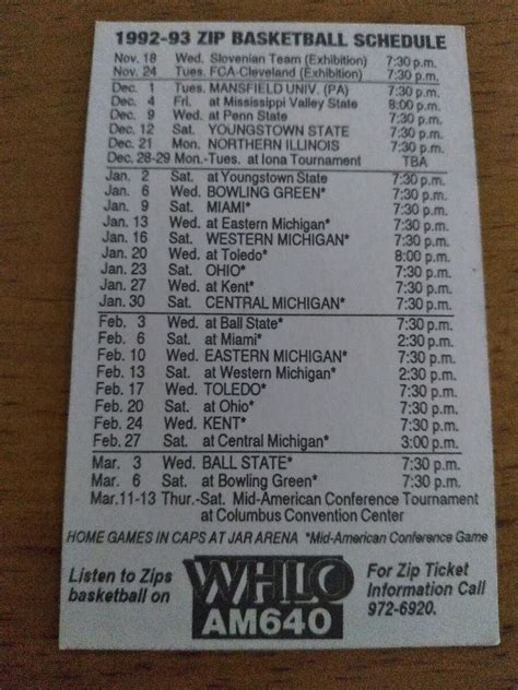 1992 1993 Akron University Zip Basketball College Pocket Team Schedule ...