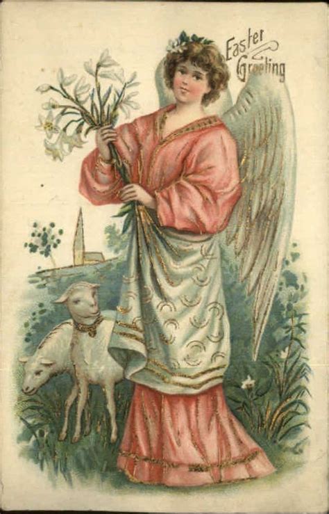 Easter Beautiful Angel W Lambs Gilt Embossed C1910 Postcard Easter