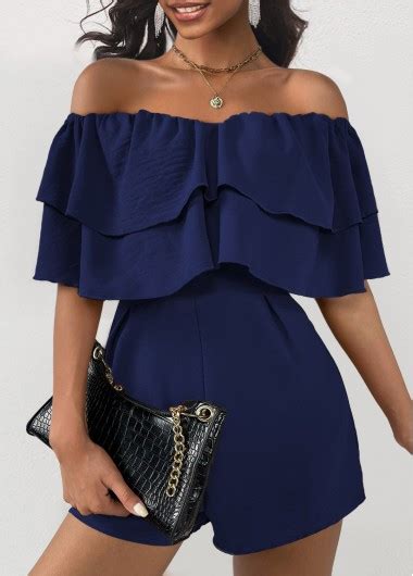 ROTITA Ruffle Navy Off Shoulder Half Sleeve Romper Rotita USD