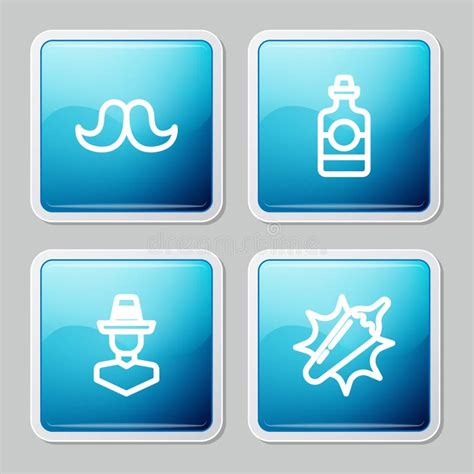 Set Line Mustache Tequila Bottle Mexican Man Sombrero And Hot Chili Pepper Pod Icon Vector