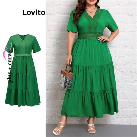 Lovito Women Plus Size Curve Romantic Plain Lace Dress Lbl