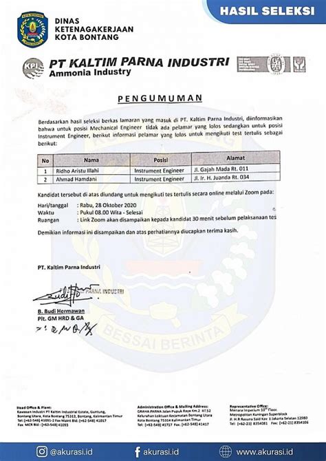 Hasil Seleksi PT Kaltim Parna Industri Oktober