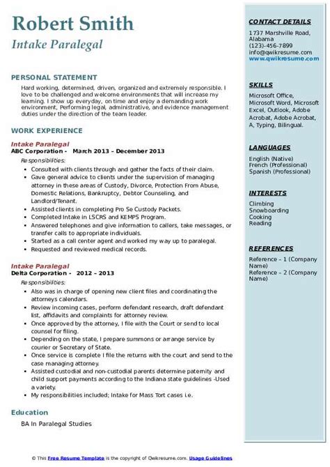 Intake Paralegal Resume Samples Qwikresume