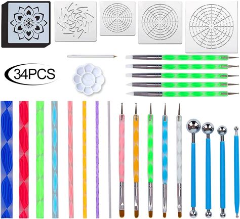 Lot De 34 Outils De Pochoirs Outils De Pointillage Et Peinture Mandala