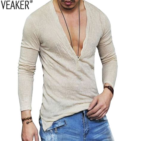 2018 Mens Autumn Linen T Shirt Male Sexy Deep V Neck Slim Fit T Shirts