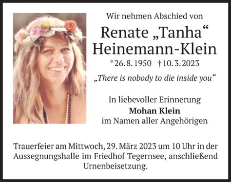 Traueranzeigen Von Renate Heinemann Klein Trauer Merkur De