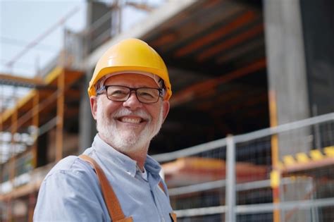 Premium Photo Smiling Mature Architect Wearing Hardhat Standing At