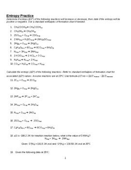 Entropy Practice By Schrim S Chem Teachers Pay Teachers