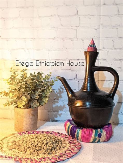 Large Ethiopian and Eritrean Clay coffee Pot Set- Jebena (ጀበና) 16oz, Lid, Sit & a FREE Palm ...