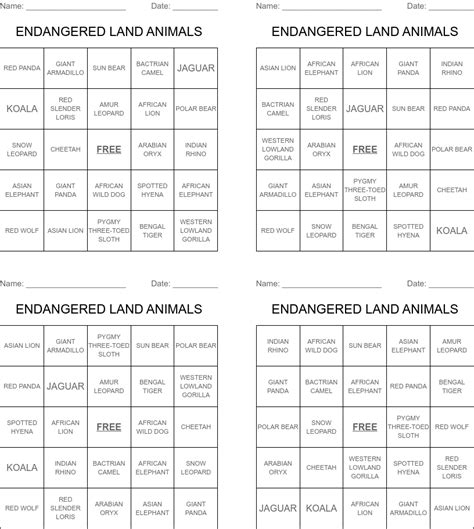 Endangered Land Animals Bingo Cards Wordmint