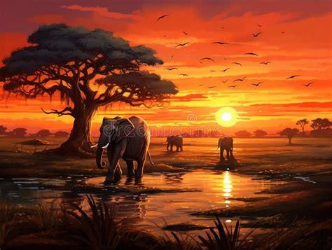 African Elephants Stock Illustration Illustration Of Waterhole