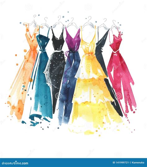 Set Of Watercolor Dresses On Hangers Fashion Illustration Stock