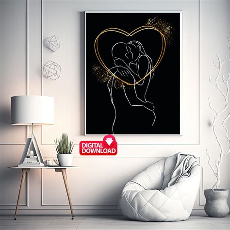 Abstract Kiss Line Art Couple Man And Woman Hugging Wall Art Print