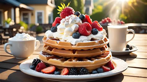 A Waffle With Fruit And Whipped Cream On Top Stock Photo At