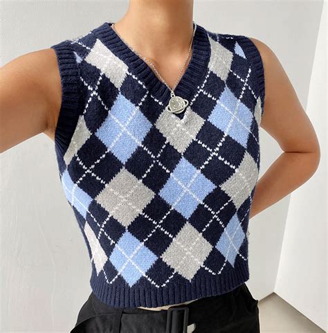 Vintage And Retro V Neck Argyle Sleeveless Crop Sweater Rebelsmarket