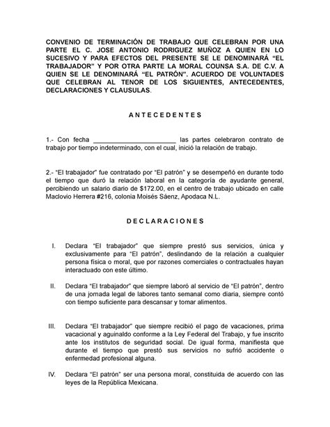 Acta De Terminacion De Mutuo Acuerdo De Contrato De Trabajo Gobierno