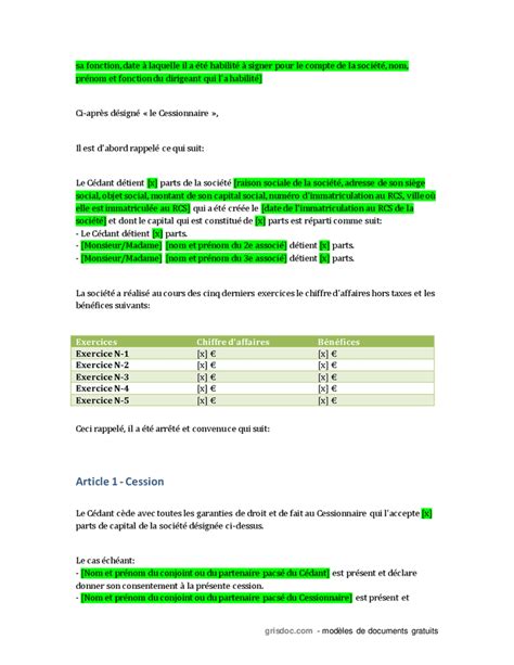 Acte De Cession De Parts Sociales D Une Soci T Doc Pdf Page Sur