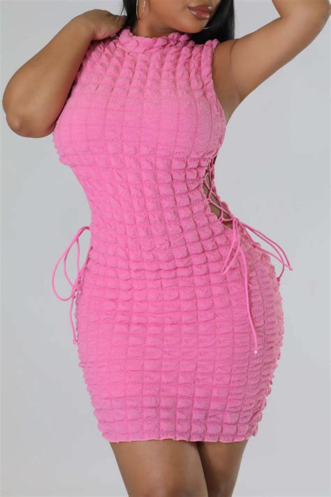 Pink Sexy Solid Bandage Hollowed Out Patchwork O Neck Pencil Skirt