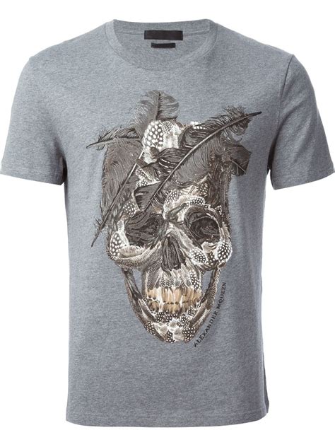 Alexander Mcqueen Feather Skull T Shirt In Gray For Men Grey Lyst