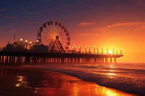 Premium AI Image Pier And Ferris Wheel On The Beach At Sunset 3d