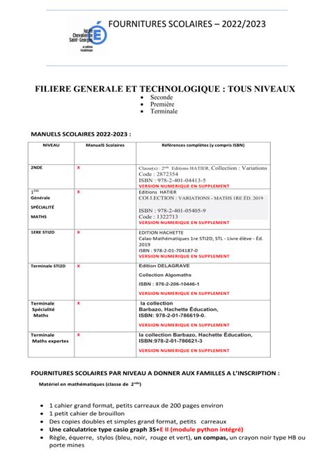 Liste des fournitures toutes séries pour lannée scolaire 2022 2023