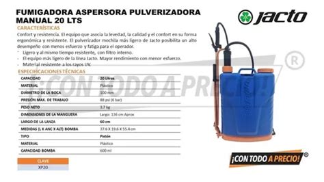 Fumigadora Aspersora Pulverizadora Manual 20 Lts Jacto Xp En Venta En