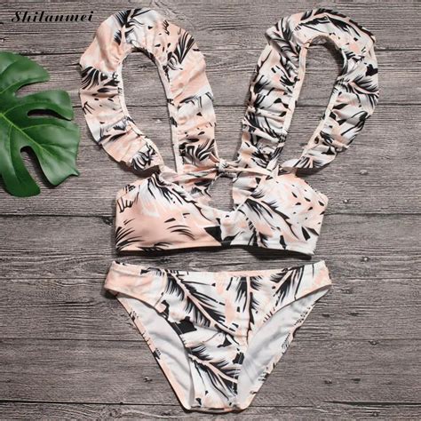 Women Sexy Ruffled Bikini Set Swimwear 2018 Print Scallop Bikini Punk