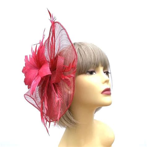 Raspberry Fascinator On Comb With Feather Flower