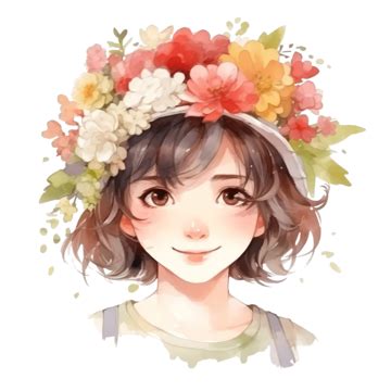 Watercolor Style Cartoon Wearing Flower Hat Ai Generated Flower