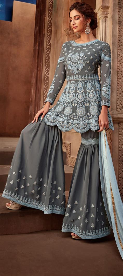 Festive Party Wear Black And Grey Color Georgette Fabric Salwar Kameez 1603910