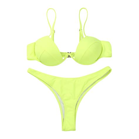 Douhoow Womens Push Up Bikini Set Solid Color Low Cut Swimwear Beach