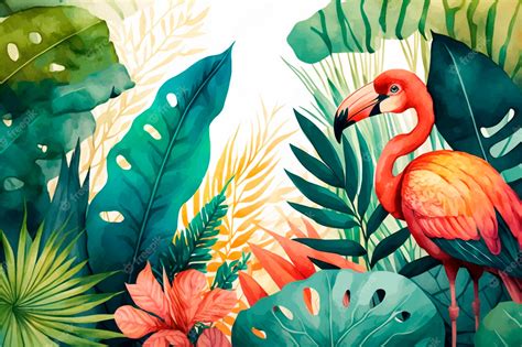 Premium Vector A Colorful Illustration Of A Flamingo In The Jungle